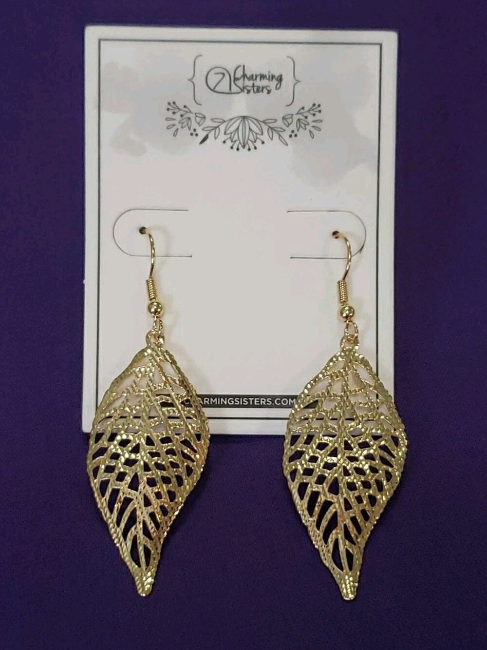 Yellow Gold Plated Filigree Textured Leaf Shaped Dangle Earrings Pierced New